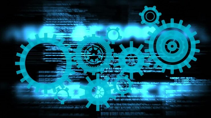 Animation of moving cogs and data processing on black background