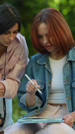 two young women collaborating on digital art project outdoors