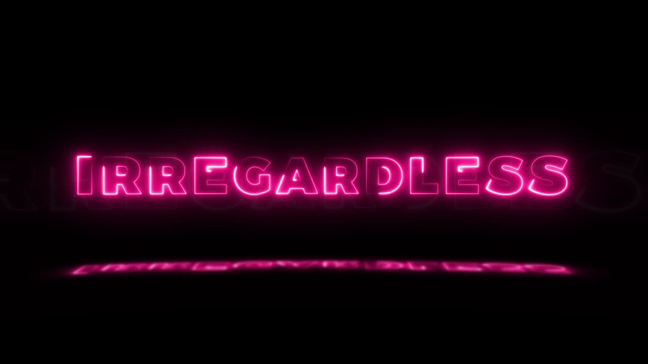 la palabra "sin importar" brilla en neón sobre un fondo negro con reflejos en el suelo. letreros de brillo de neón en gráfico de movimiento de bucle sin costuras