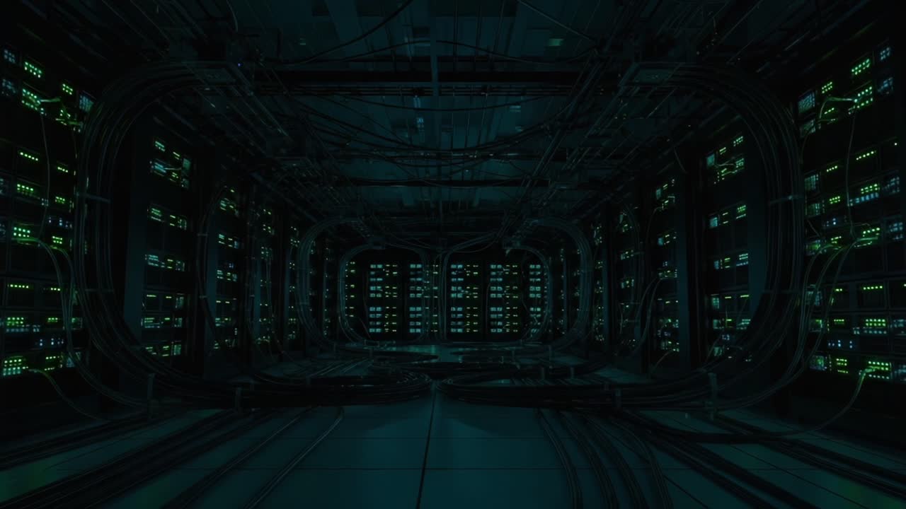 A Depth of Technology: Exploring a Futuristic Server Room with Complex Wiring and Illuminated Data Panels