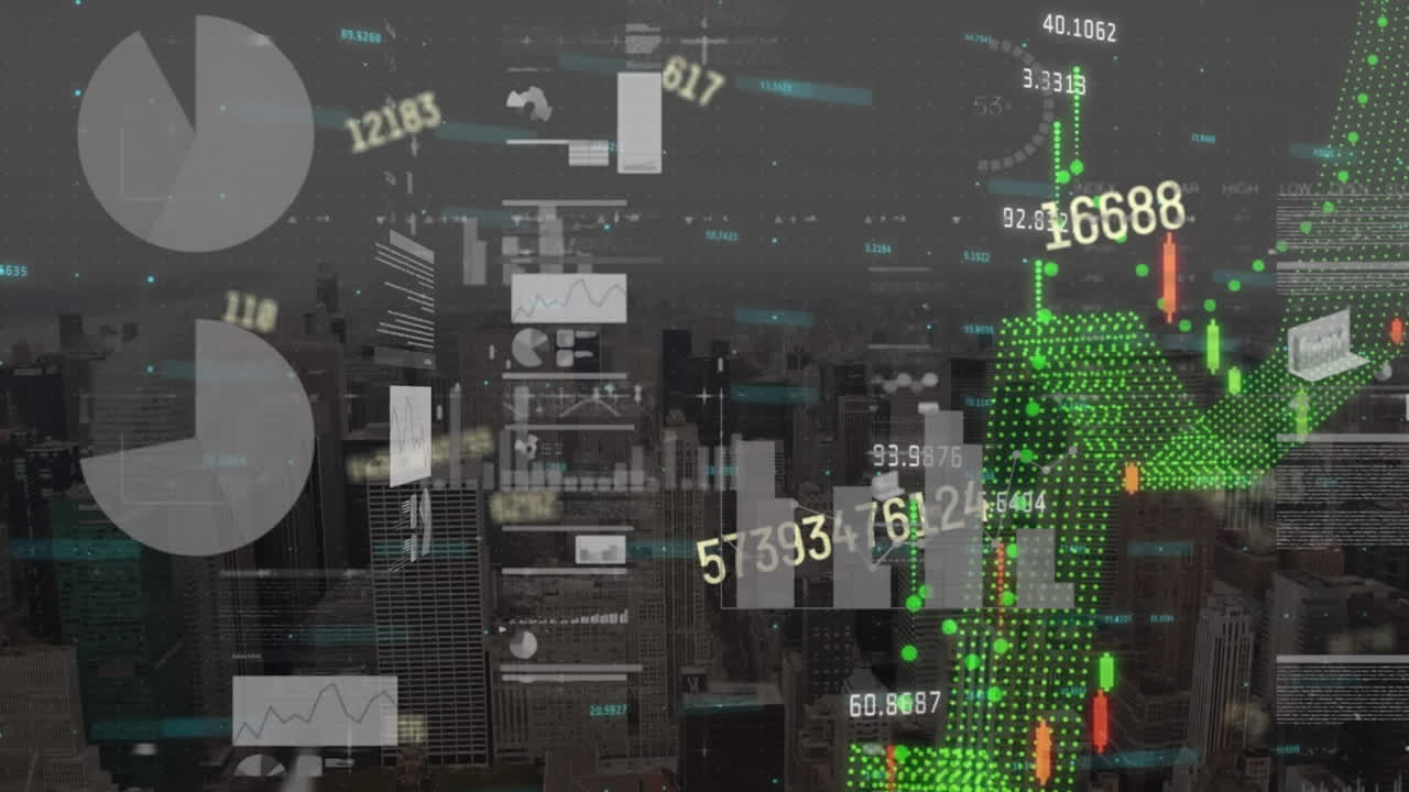 현대 도시 에 대한 공중 사진 을 통해 그래프 와 변화 하는 숫자 를 가진 원형 패턴 의 애니메이션