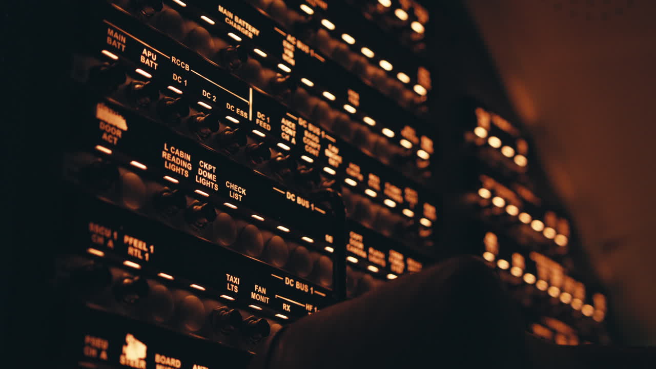 Jet airliner circuit breaker panel lights being illuminated in dark cockpit environment