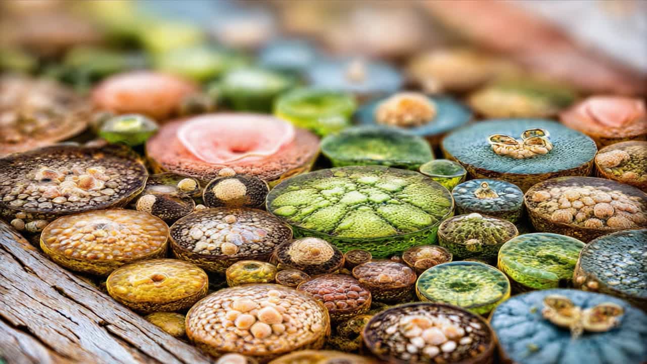 Exploring the Intricate Beauty of Nature: A Close-Up View of Multicolored Lichens and Mosses on Weathered Wood Displaying Vibrant Colors and Unique Patterns
