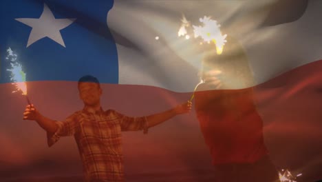 animation of waving of chile flag over group of friends on the beach