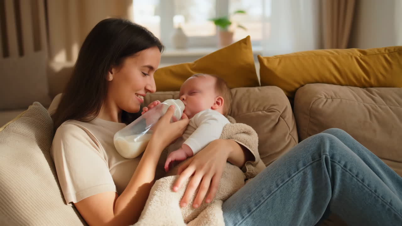 Mother bottle-feeding a baby on a couch