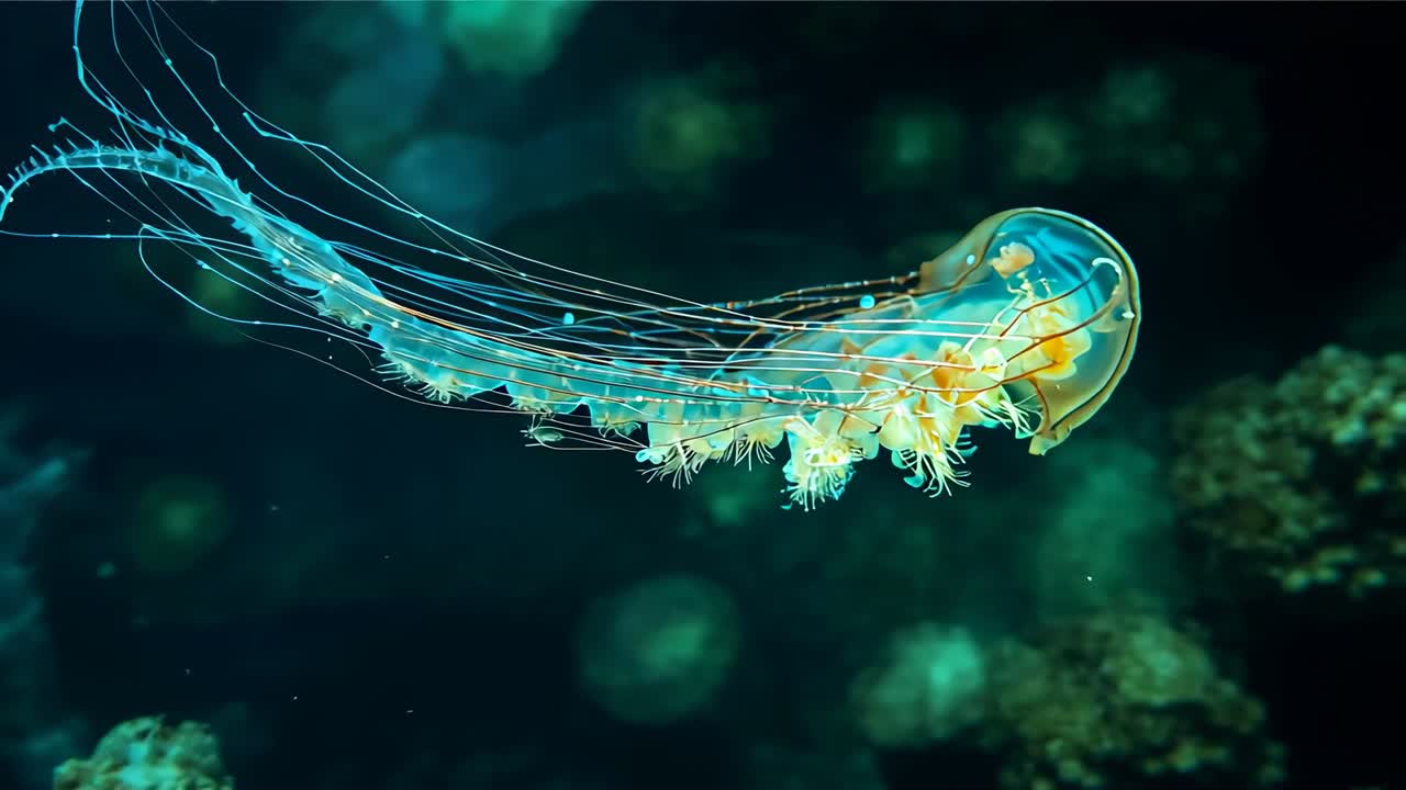 Drifting translucent jellyfish contracting bell and propelling across reef, tentacles undulating