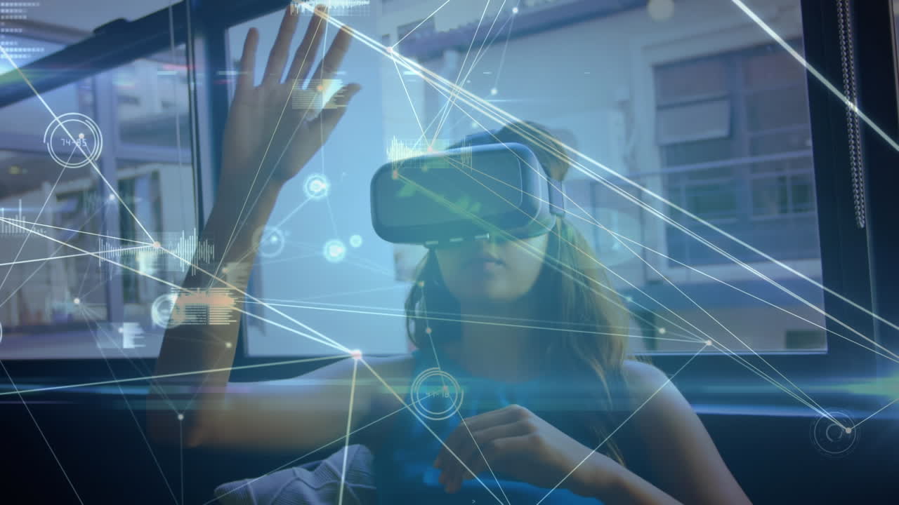 animación de la red de conexiones sobre la mujer que usa auriculares vr