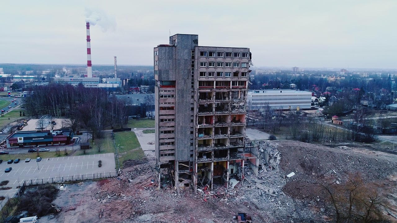 Drone shows demolished building in Riga symbol of post Soviet urban decay