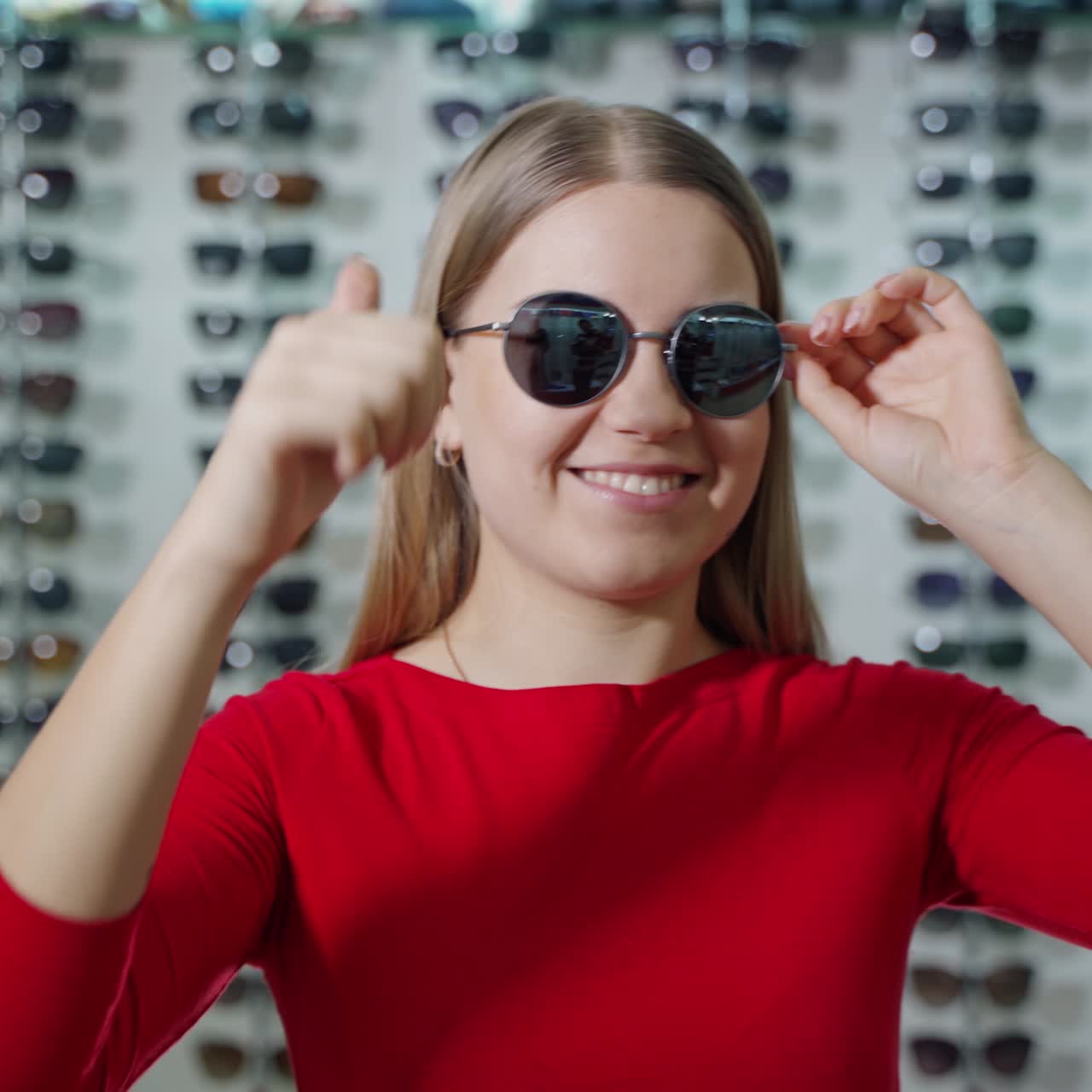 Portrait of a girl in stylish sunglasses indoors. Beautiful young woman wearing fashionable black glasses on the background of optical store.