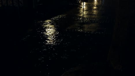 charco en la ciudad por la noche con caída de lluvia