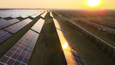 aerial view of big sustainable electric power plant with many rows of solar photovoltaic panels for producing clean electrical energy at sunset. renewable electricity with zero emission concept