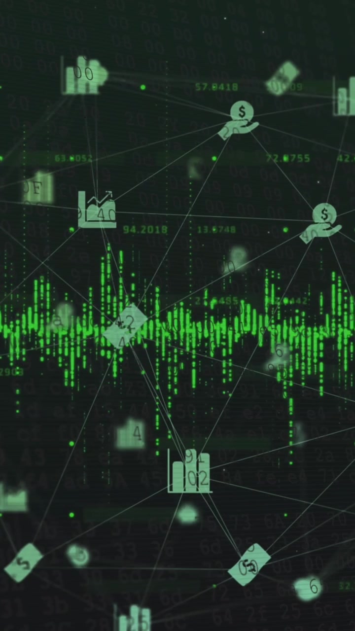 Animation of green soundwaves and multiple icons connected with lines in globe shape over numbers
