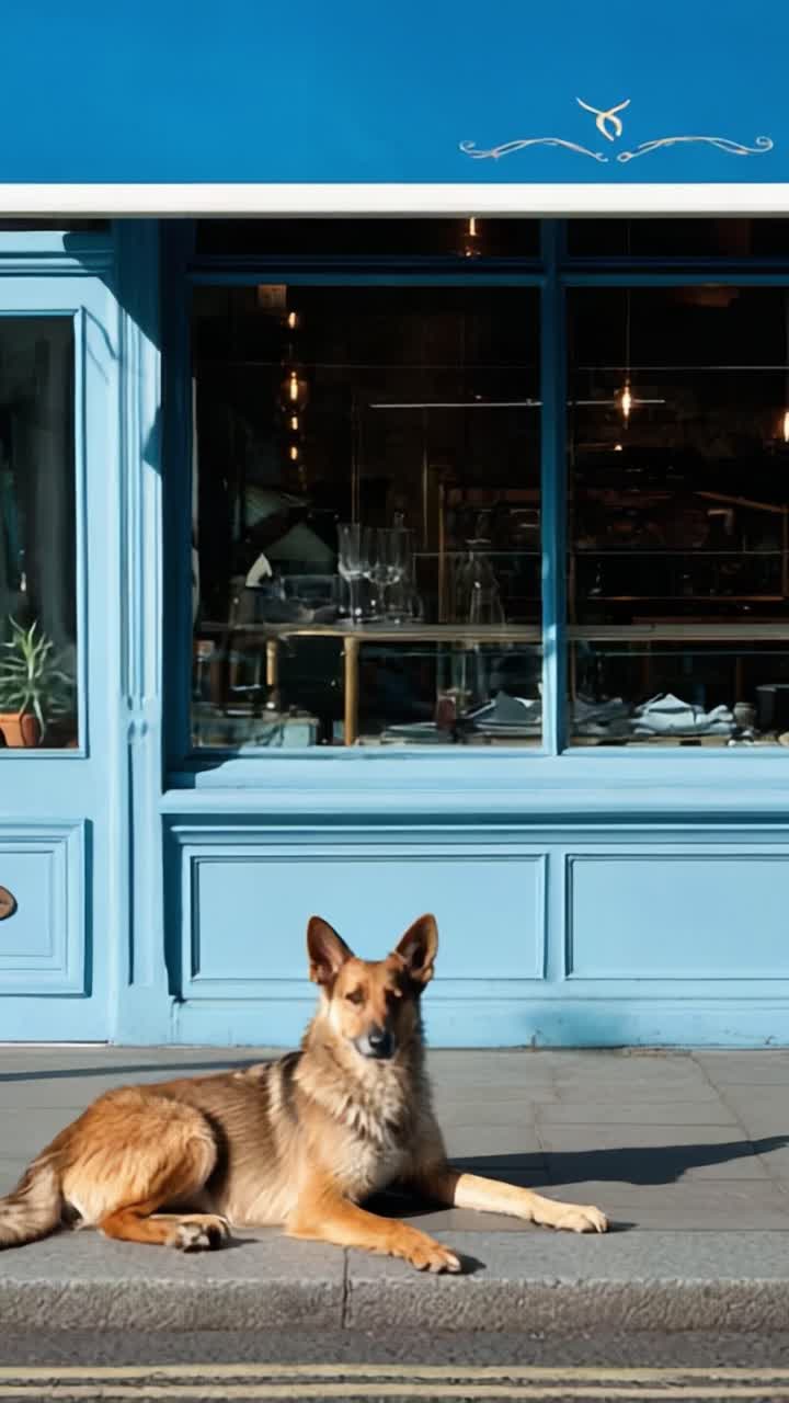 Un bellissimo cane si rilassa davanti a un'affascinante vetrina blu, catturando l'essenza del tempo libero e della vita urbana in un ambiente pittoresco