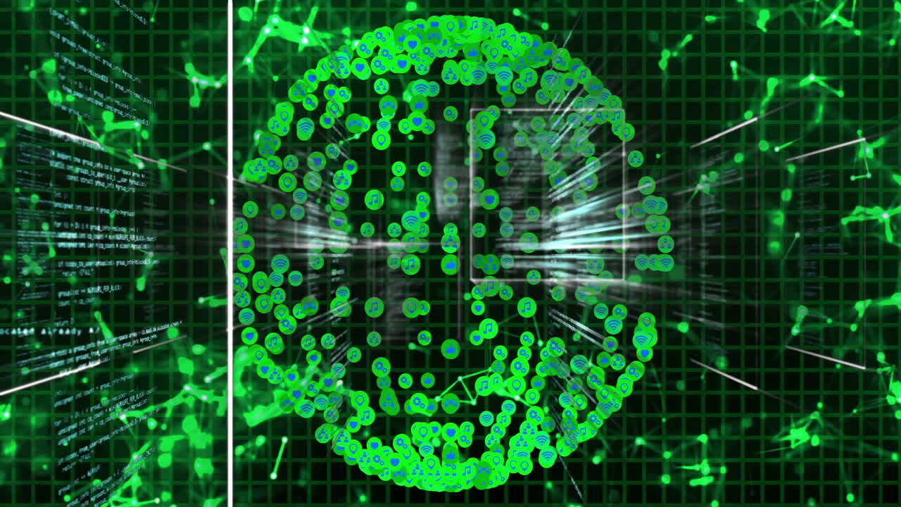 Digital code and data processing animation over green circular grid pattern