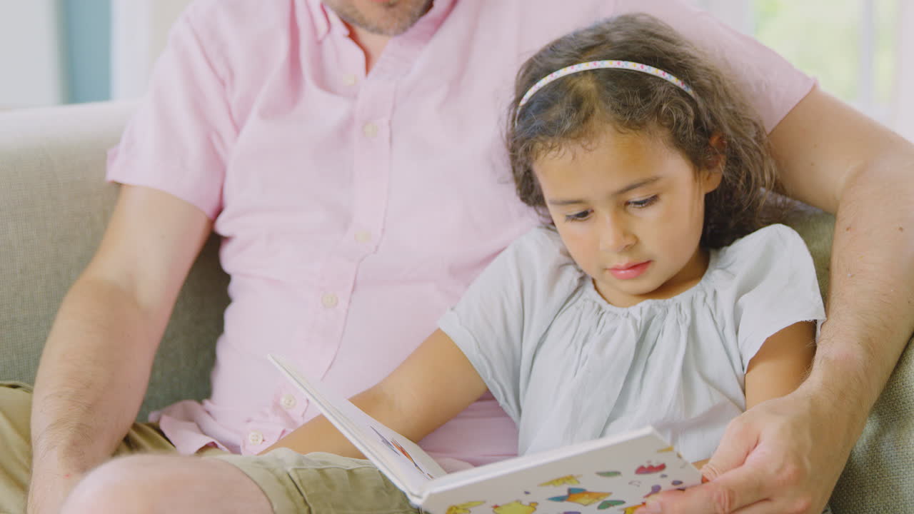Padre e figlia seduti sul divano a casa leggono un libro insieme