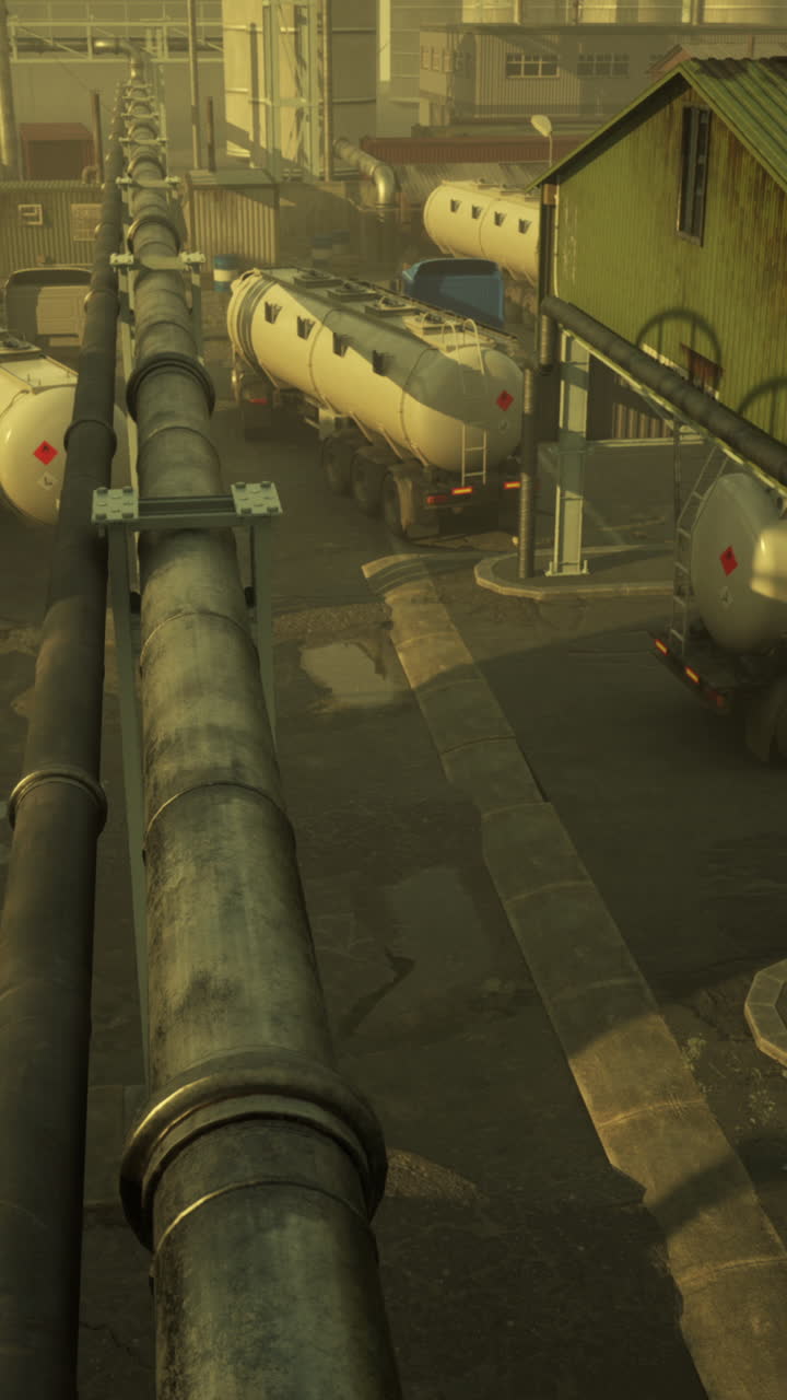 oleoductos industriales y camiones cisterna en una fábrica
