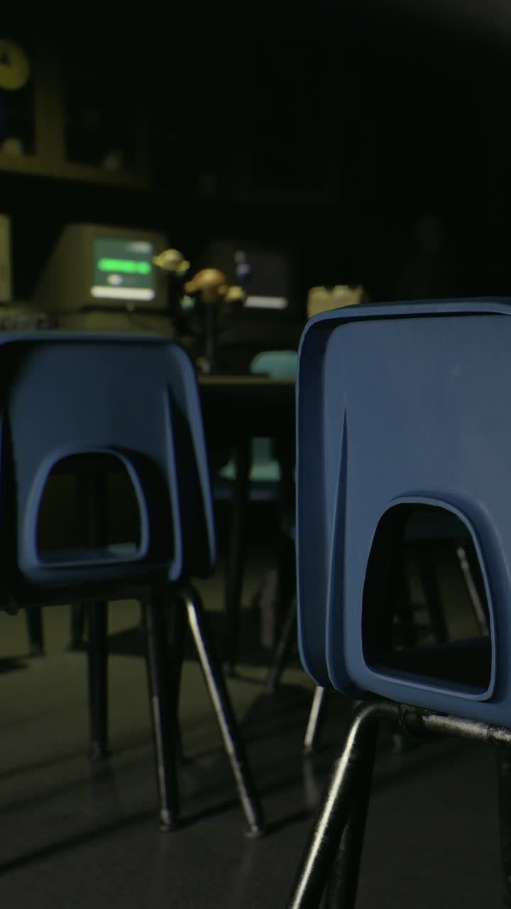 Chairs in a dark room with a table and equipment in the background