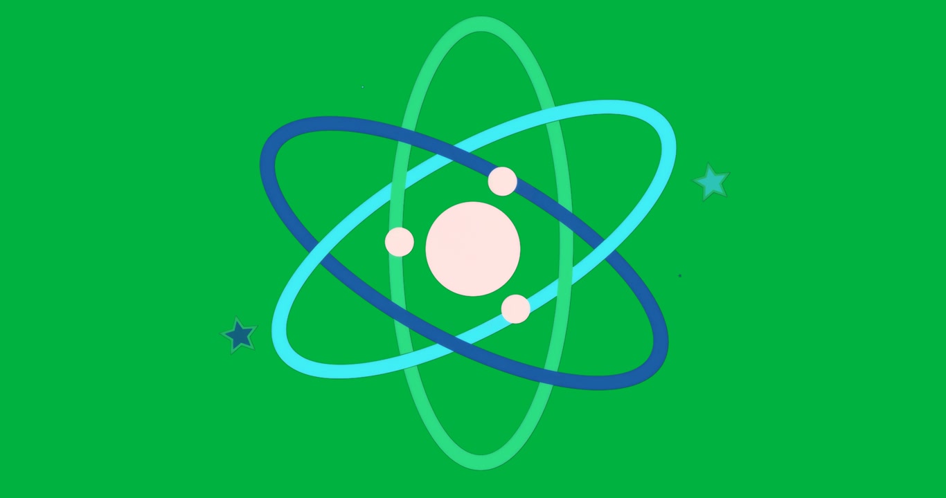 Educational atom model floating on transparent background, showing nucleus and orbiting electrons
