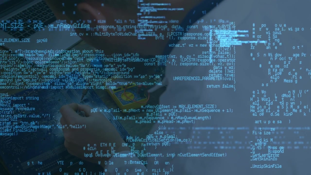 Animation of data processing over caucasian male engineer working with technology