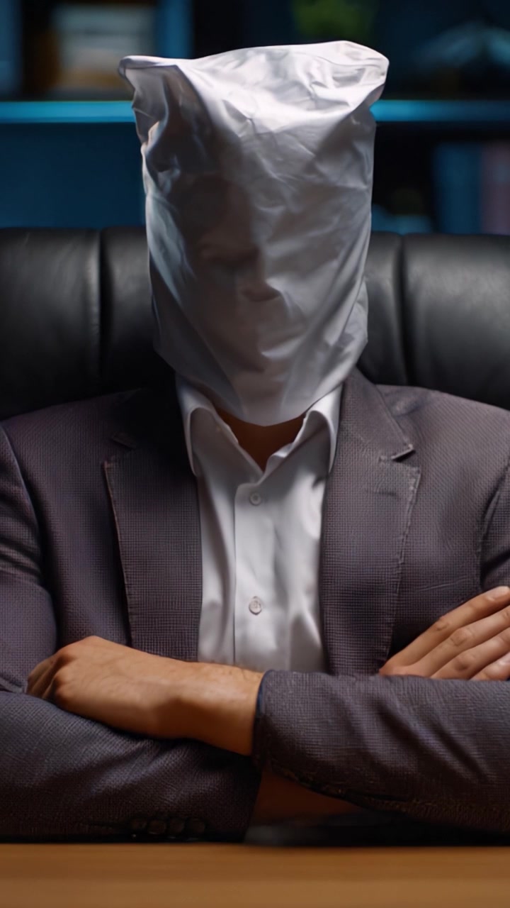 A Mysterious Figure with a White Bag Overhead Sitting Confidently in a Chair, Arms Crossed, Creating an Air of Intrigue and Curiosity in the Setting