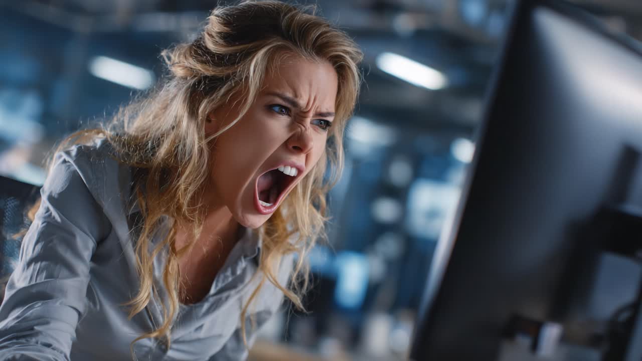 A Frustrated Professional Expresses Anger Towards a Computer Screen in a Modern Office Environment, Highlighting Workplace Stress and Digital Challenges