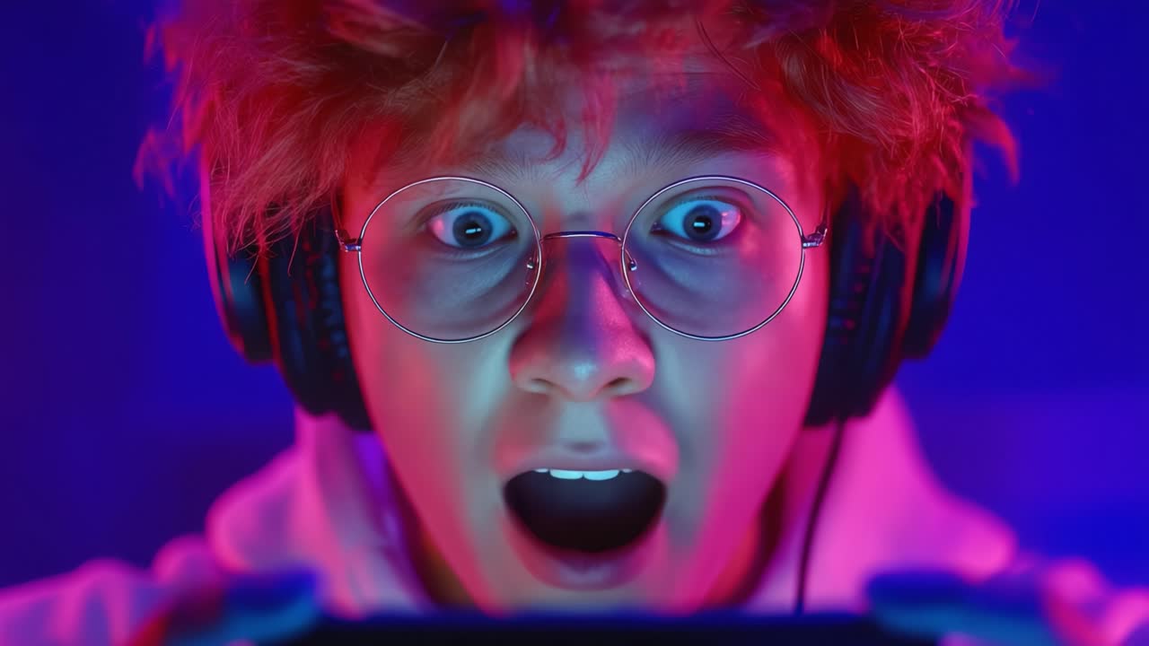 Excited Gamer Expresses Thrill of Victory in a Colorful, Neon-Illuminated Gaming Environment Capturing the Intensity and Joy of Online Play