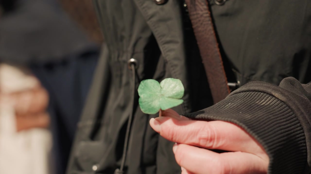 Tight close-up shows hands holding small four-leaf clover between thumb and forefinger, with slight forward extension suggesting offering or display; dark green jacket and softly blurred outdoor