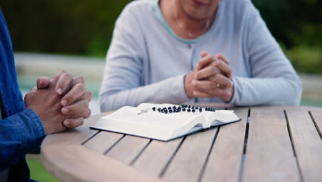 hands, park and praying with bible and worship