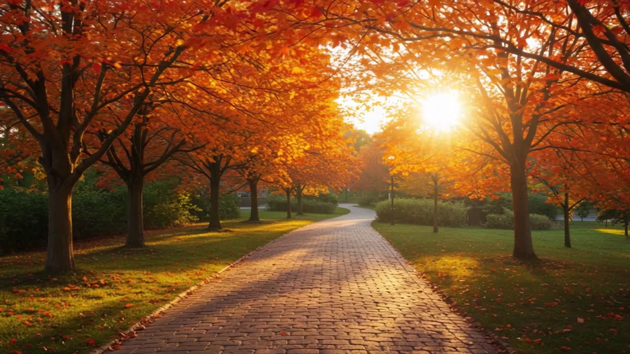 A Serene Autumn Pathway: Vibrant Orange-Foliage Trees Frame a Cobblestone Trail Beneath a Golden Sunset, Evoking Tranquility and Natural Beauty