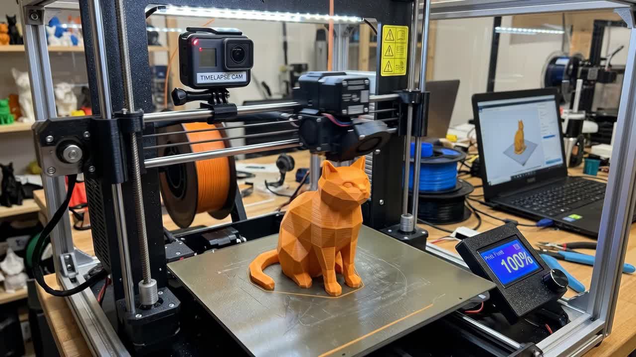 3D Printer Completing an Orange Polygonal Cat Figurine
