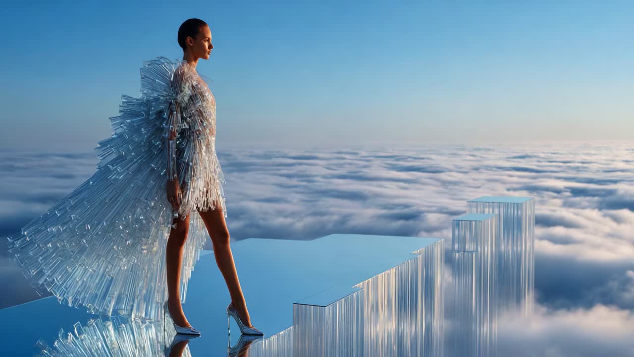 En majestætisk figur står selvsikkert på en reflekterende overflade højt over skyerne, iført et fantastisk krystallinsk outfit, der glitrer i det æteriske sollys ved daggry, hvilket symboliserer elegance og drømme