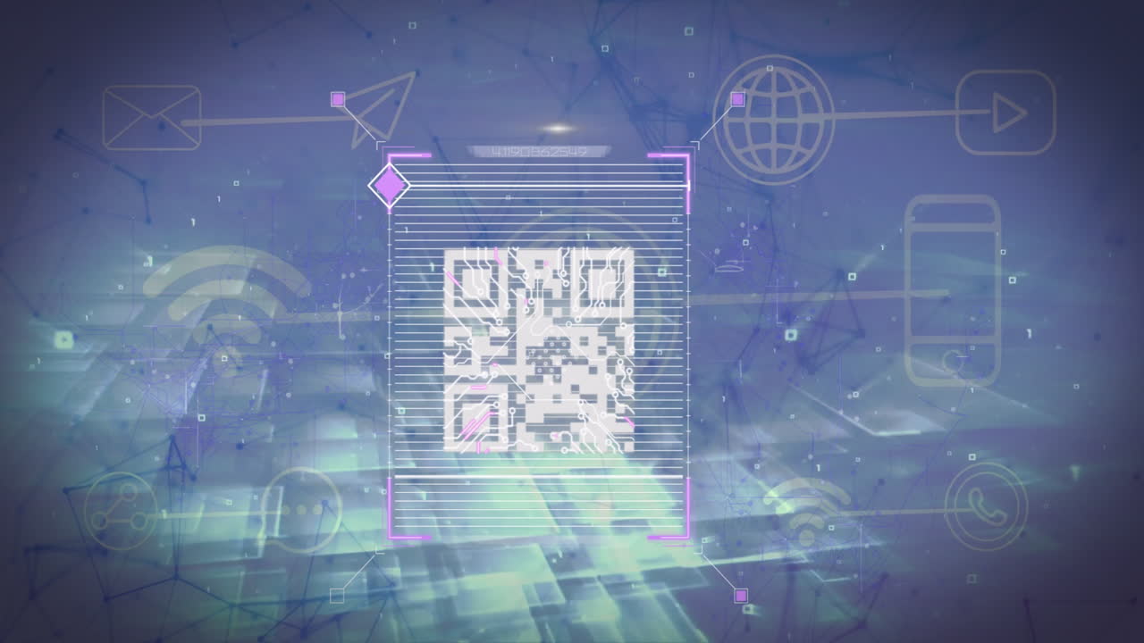 QR code scanning animation over digital network symbols and abstract background