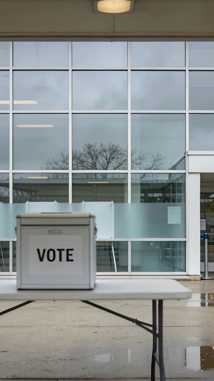 Vertical video: Panning camera showing white ballot box on table under canopy revealing puddles