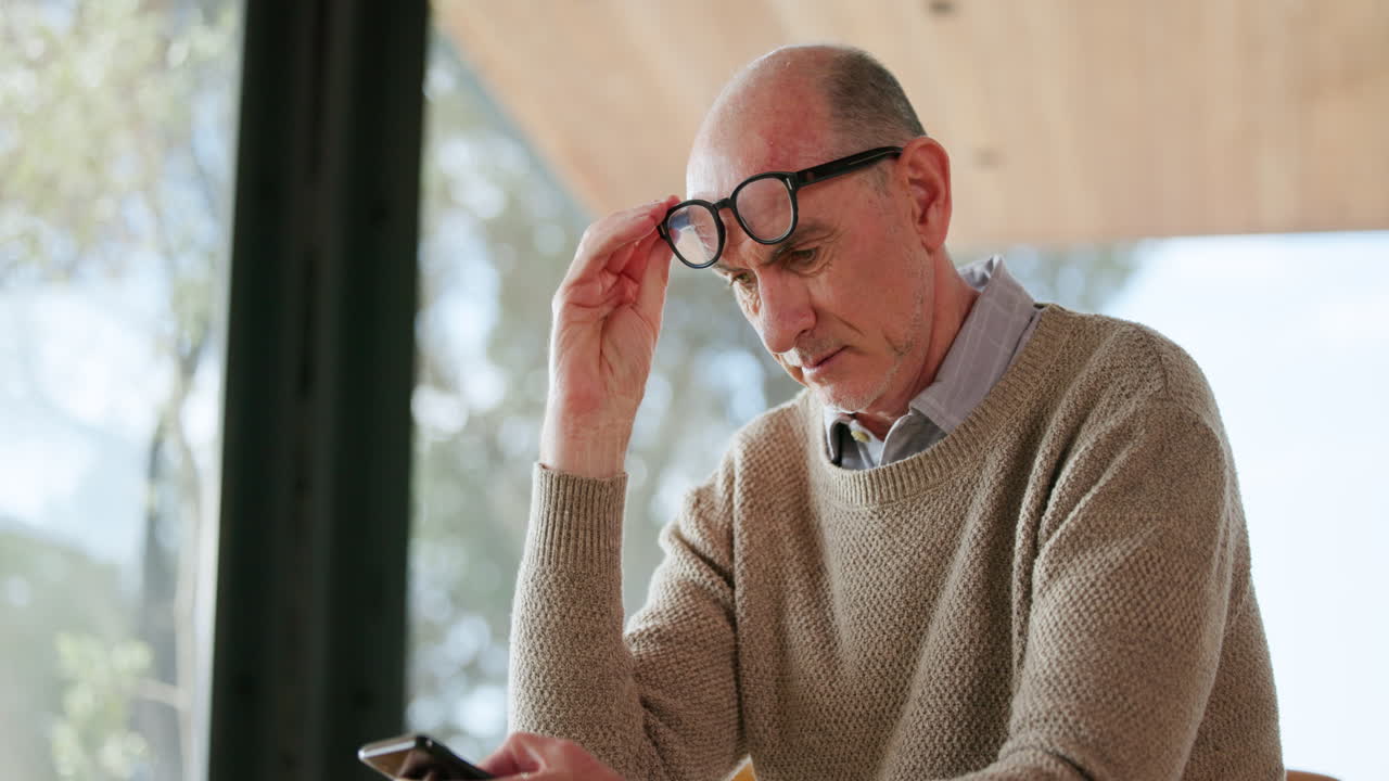 Thoughtful Senior Man Using Smartphone and Adjusting Glasses