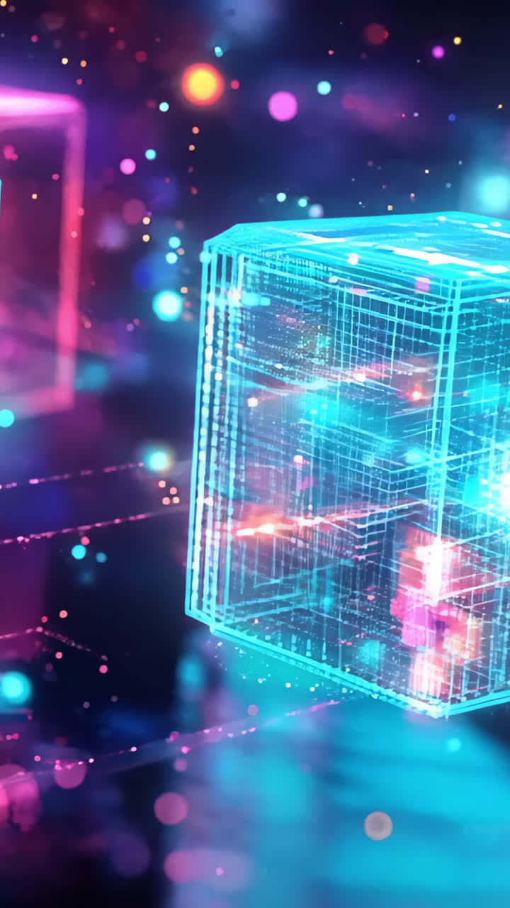 A colorful cube with a blue and red light on it. The cube is surrounded by other cubes, all of which have lights on them. The image has a futuristic and technological feel to it
