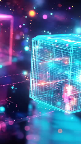 a colorful cube with a blue and red light on it. the cube is surrounded by other cubes, all of which have lights on them. the image has a futuristic and technological feel to it