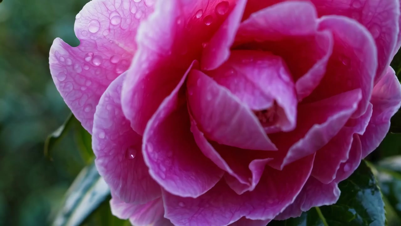 Primer plano de una flor de camelia rosa con gotas de rocío