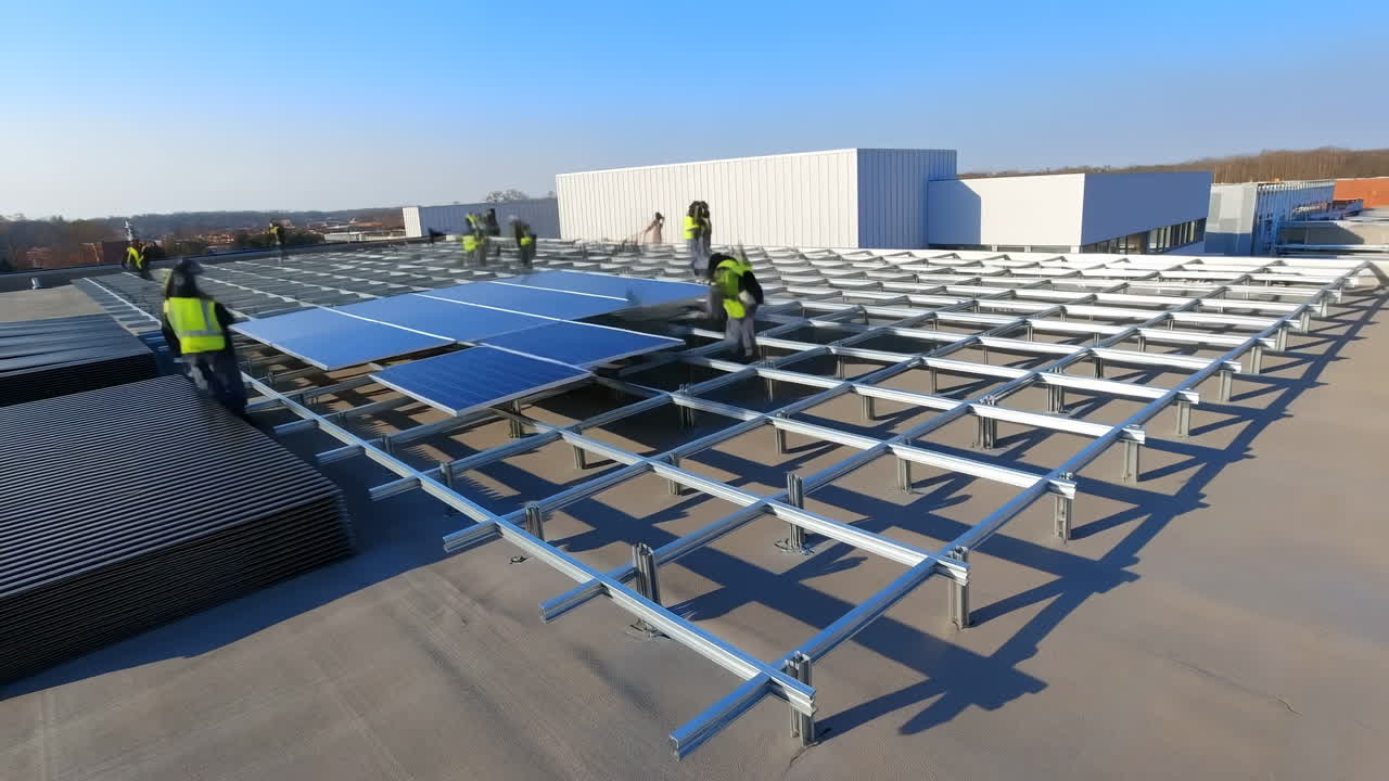 Time-lapse di operai che installano pannelli fotovoltaici su un tetto.