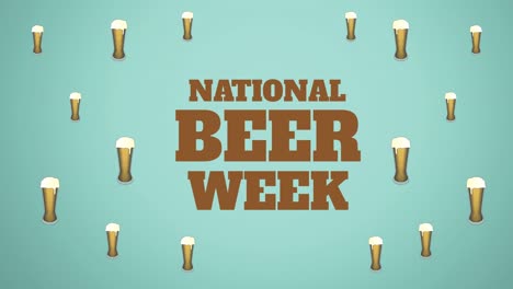 Animation-of-national-beer-week-text-and-multiple-pint-of-beer-over-blue-background