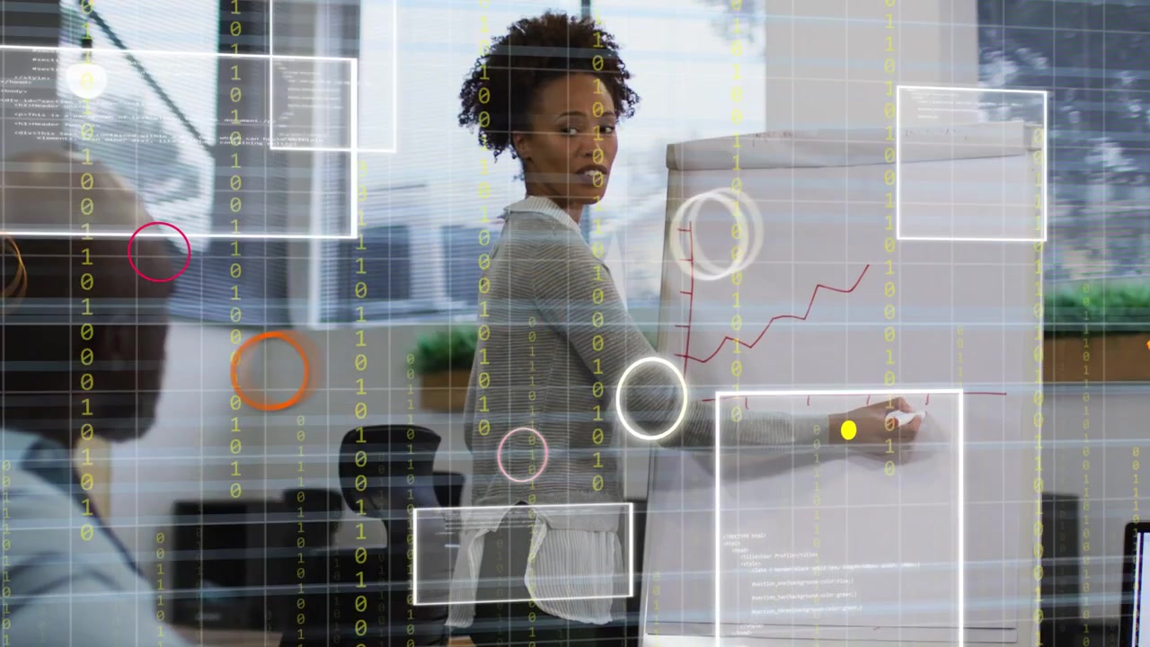 Woman starting drawing axes and plotting rising line on flippad HUD overlay showing business growth