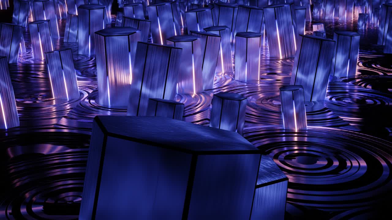 pilares flotantes en color neón.