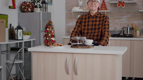 Portrait-of-grandfather-wearing-santa-hat-sitting-in-xmas-decorated-kitchen