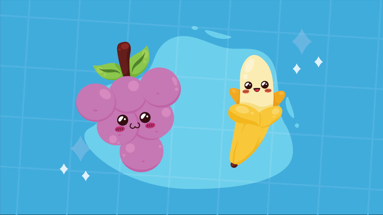 포도와 바나나 카와이 캐릭터 애니메이션