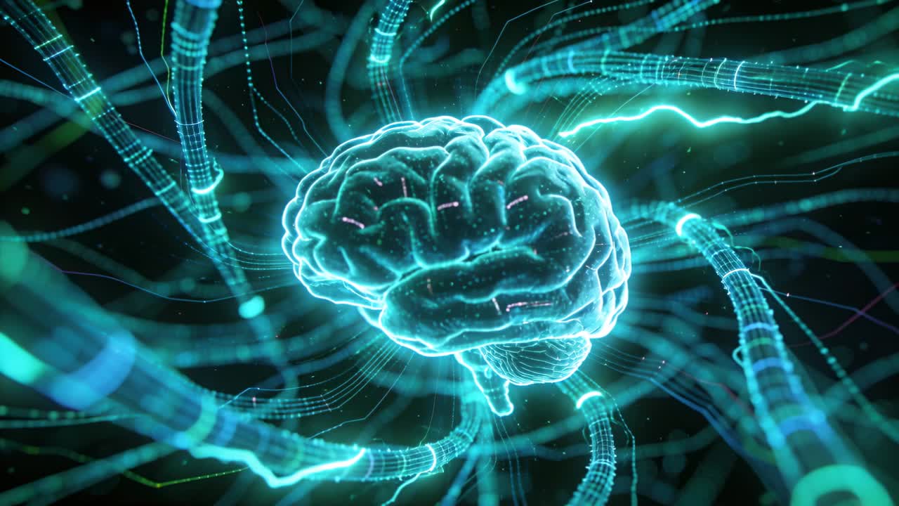 Pulsing filaments sending data toward centered glowing brain in digital net, peaking