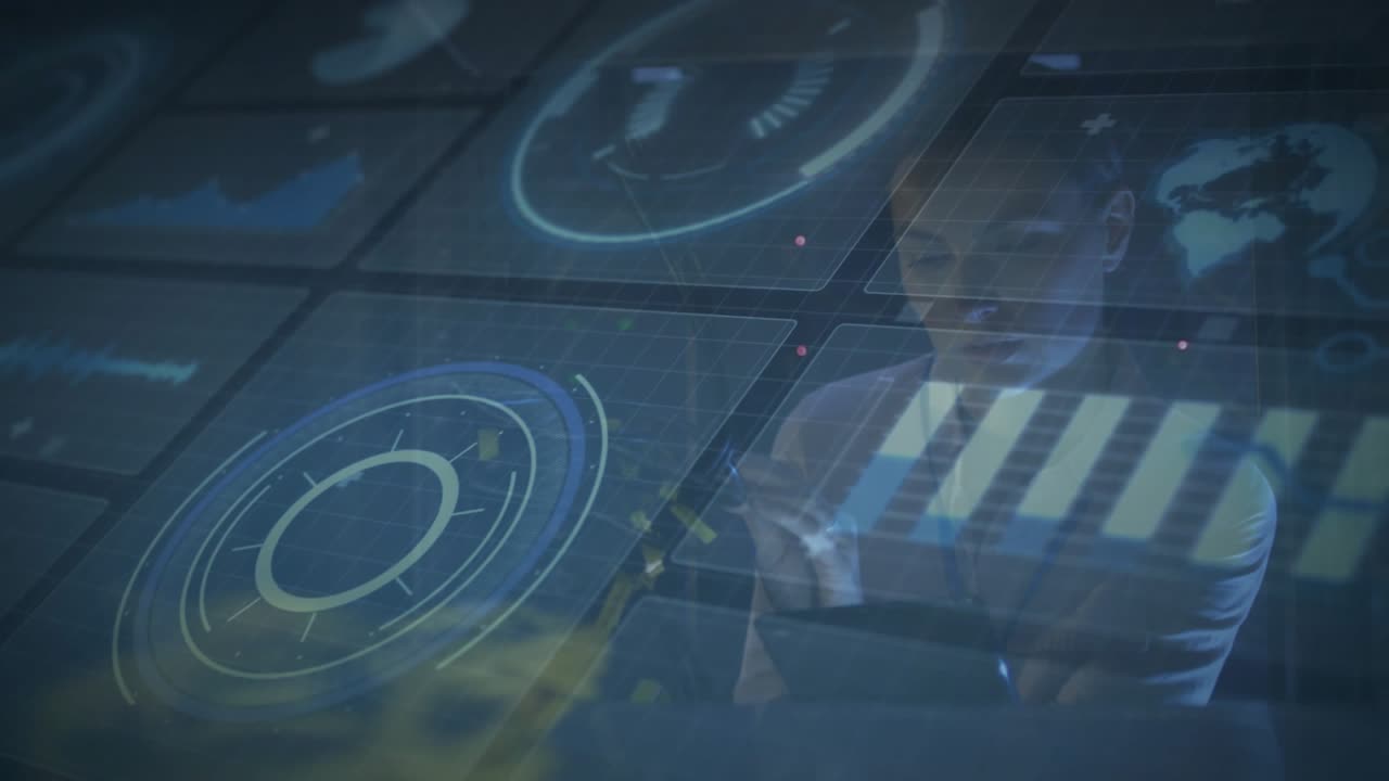Analyst tapping bar chart to highlight metric and accelerate holographic gauge in tech hub