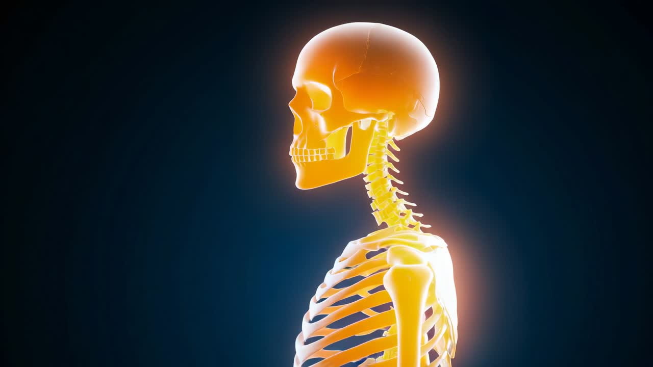 Rotating 3D skeleton in dark gradient after cervical vertebrae glowing, highlighting skull and neck