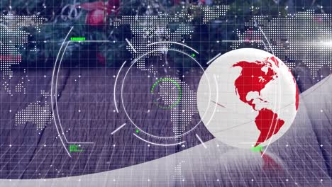 Animación-Del-Globo-Terráqueo-Girando-Con-Procesamiento-De-Datos-Y-Red-De-Conexiones.