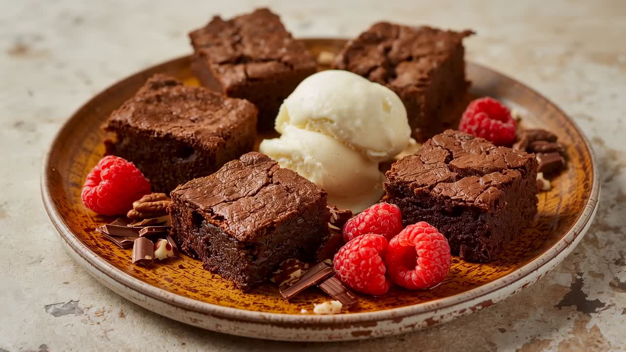 Registrazione con zoom della fotocamera su un piatto con brownies e gelato che si scioglie sul tavolo, mostrando la texture