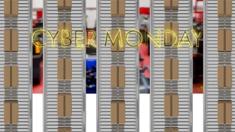 banner de texto amarillo de neón de cyber monday sobre varias cajas de entrega en la cinta transportadora contra la fábrica