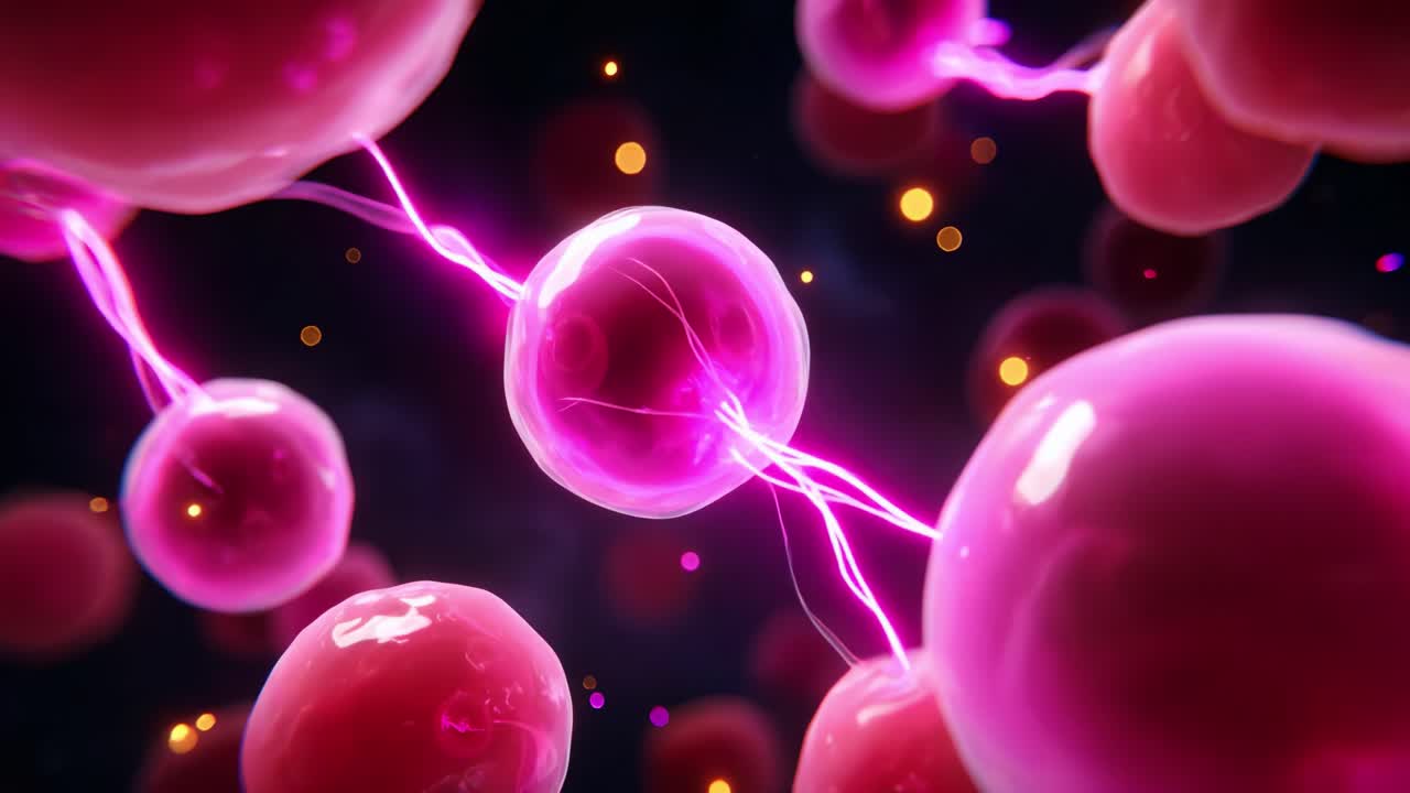 A Profound Visual Journey into the World of Electric Pink Cells Connecting Through Vibrant Energy Threads, Showcasing the Dynamic Interaction and Intricacies of Microscopic Life Forms in Stunning Detail